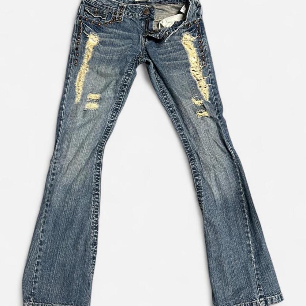 27” Y2K low rise bootcut distressed denim jeans w grommet details streetwear